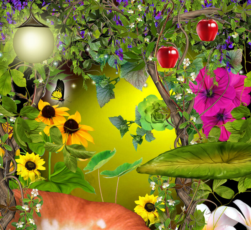 Butterfly Among Flowers — Green, Vibrant, Night