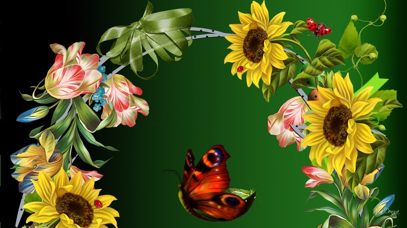 Butterfly Among Flowers — Green, Vibrant