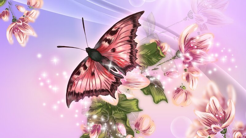 Butterfly Among Flowers — Pink, Dreamy, Digital Art