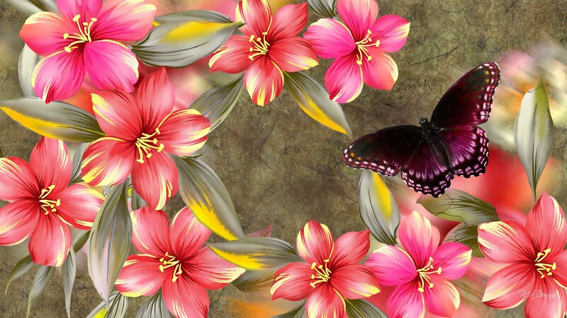 Butterfly Among Flowers — Pink, Serene, Digital Art