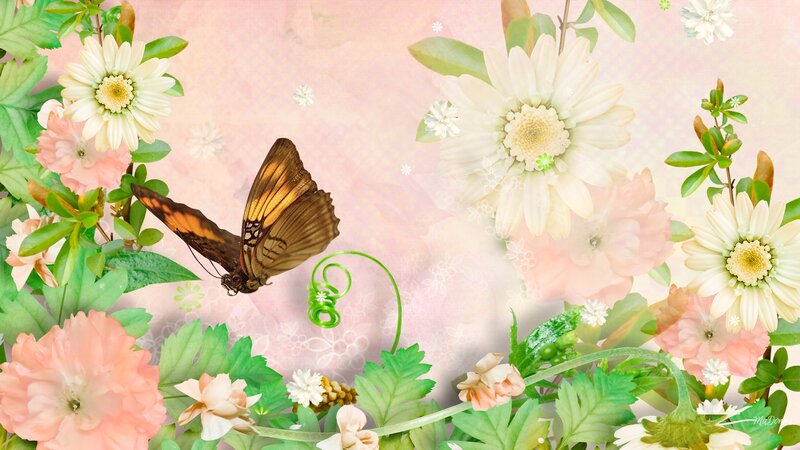 Butterfly Among Flowers — Pink, Serene, Spring, Digital Art, Leaves, Vine