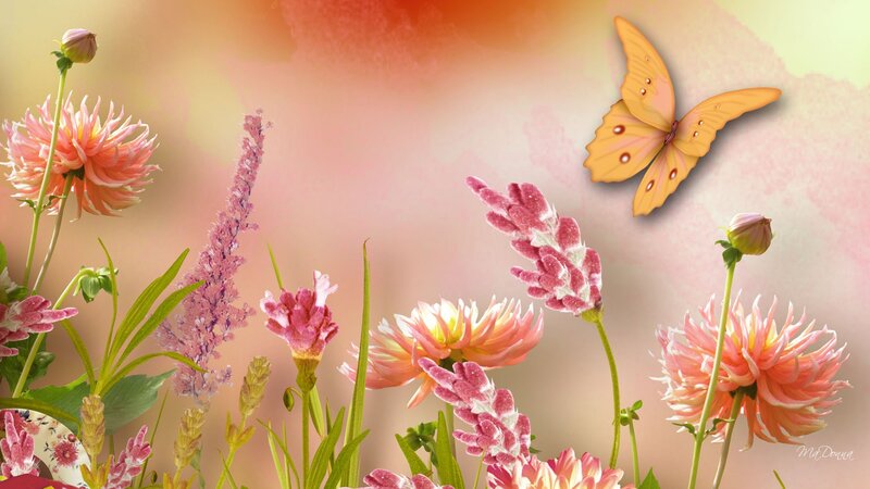 Butterfly Among Flowers — Pink, Serene, Spring, Digital Art