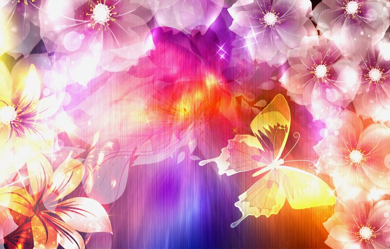 Butterfly Among Flowers — Purple, Dreamy, Digital Art, Sparkles