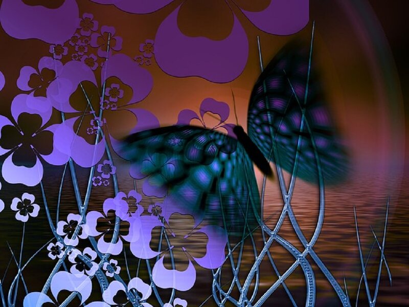 Butterfly Among Flowers — Purple, Dreamy, Sunset