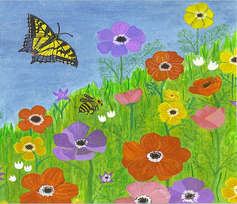 butterfly and bee in a flower field
