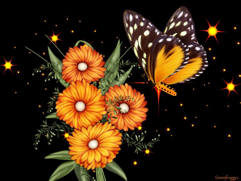 Butterfly and Flowers — Black