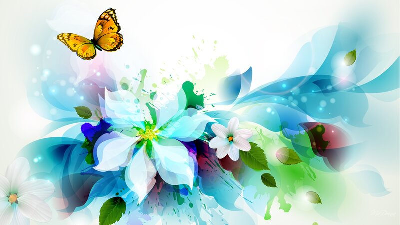 Butterfly and Flowers — Blue, Serene, Digital Art