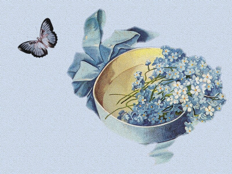 Butterfly and Flowers — Blue, Serene, Illustration