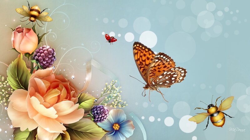 Butterfly and Flowers — Blue, Serene, Spring