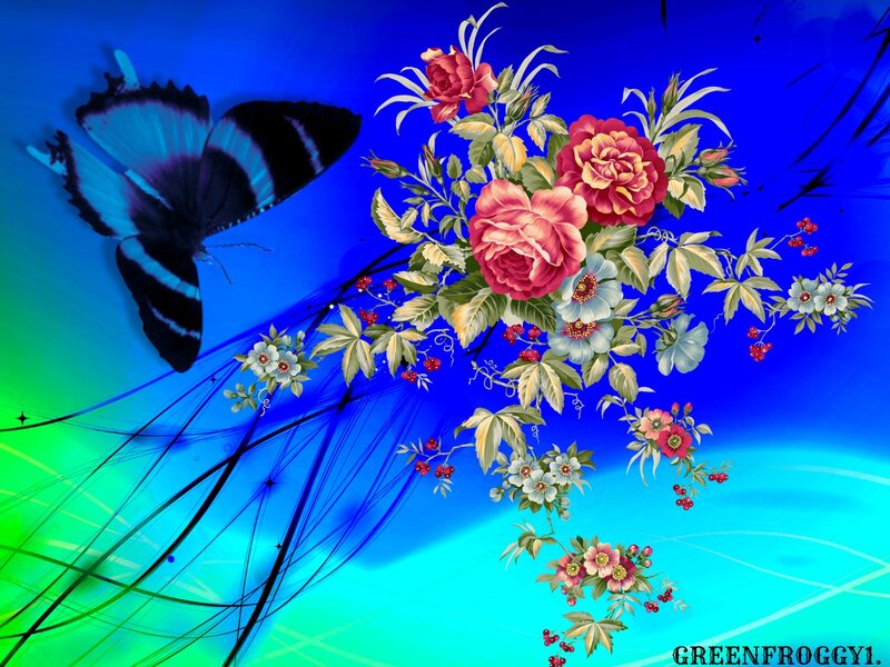 Butterfly and Flowers — Blue, Vibrant