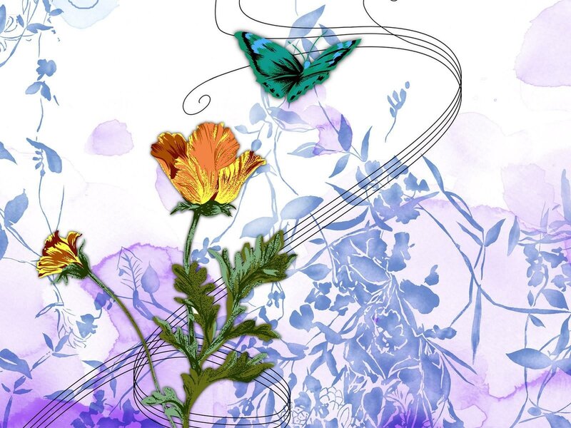 Butterfly and Flowers — Purple, Serene