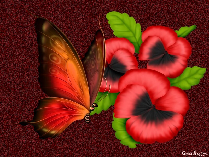 Butterfly and Flowers — Red, Dramatic, Digital Art, Leaves