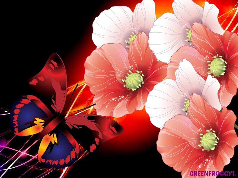 Butterfly and Flowers — Red, Dramatic, Digital Art