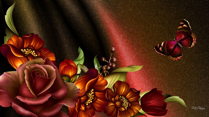 Butterfly and Flowers — Red, Dramatic