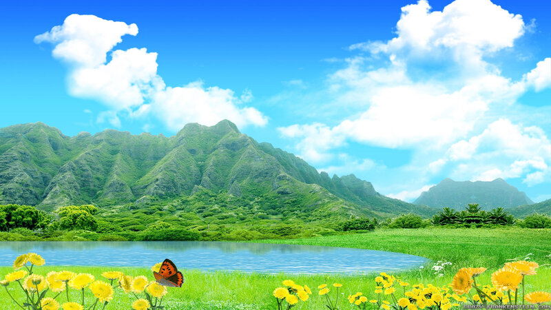 Butterfly in Meadow — Green, Serene, Afternoon, Digital Art, Mountains