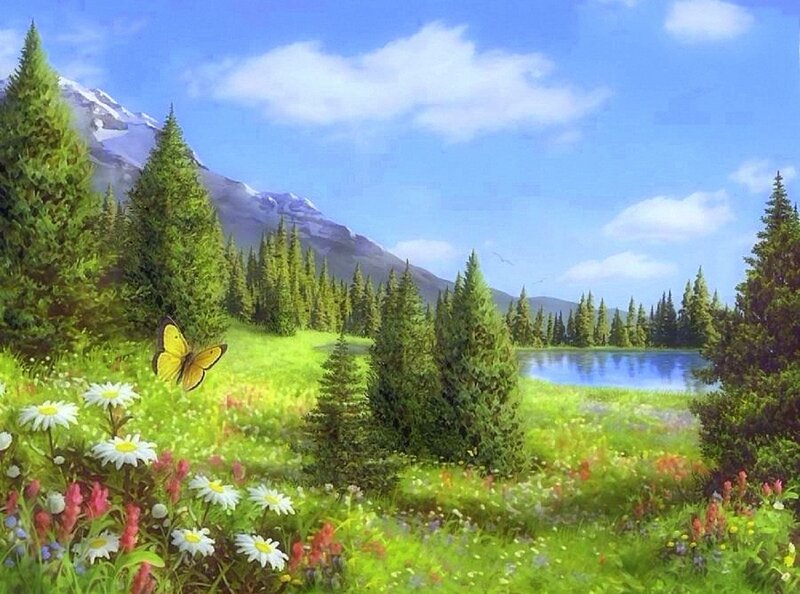 Butterfly in Meadow — Green, Serene, Afternoon, Painting