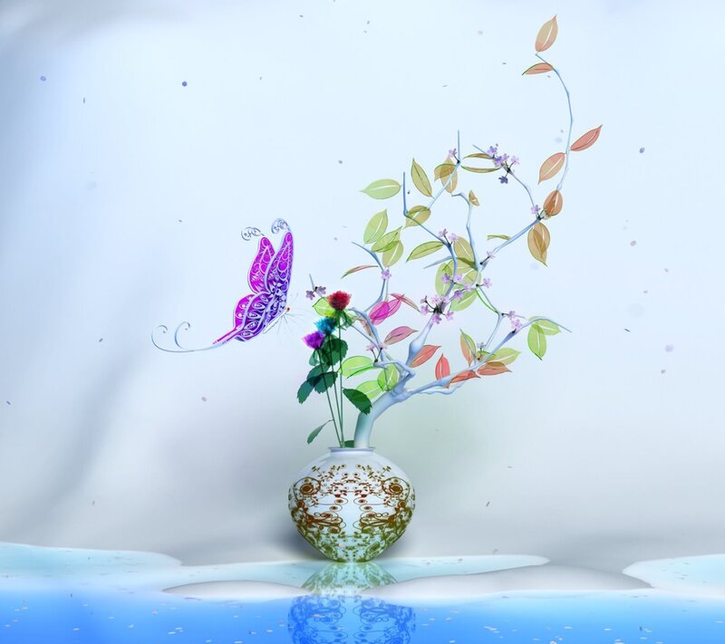 Butterfly Near Vase — White