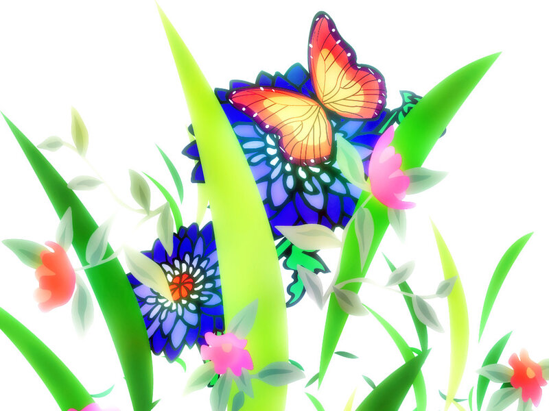 Butterfly on Blue Flower — Serene, Digital Art, Grass