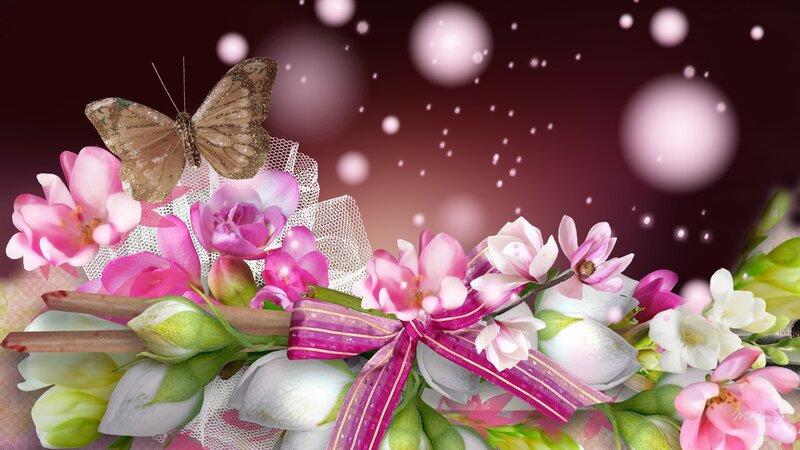 Butterfly on Floral Arrangement — Pink