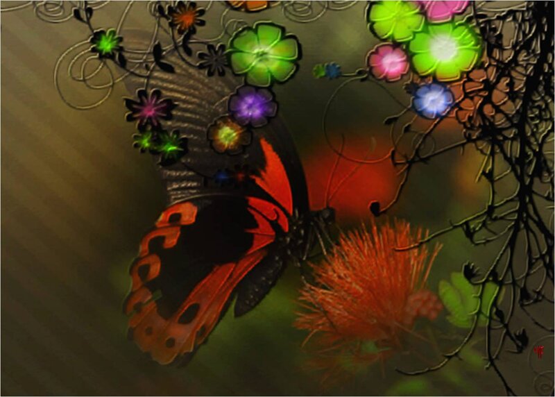 Butterfly on Flower — Black, Dreamy, Digital Art