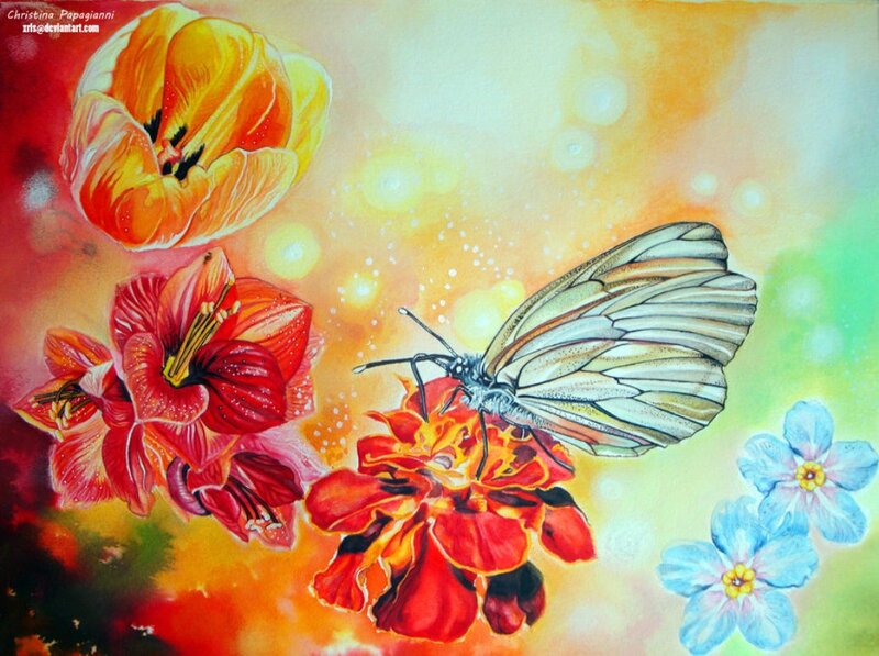 Butterfly on Flowers — Red, Vibrant