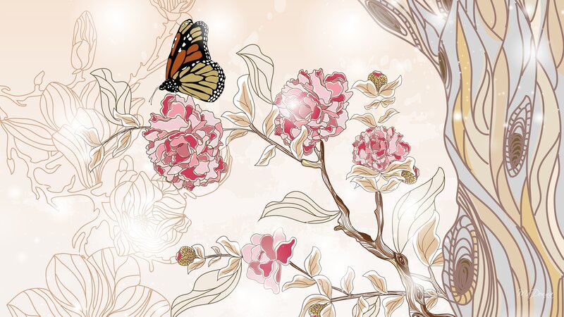 Butterfly on Pink Flowers — Serene, Illustration