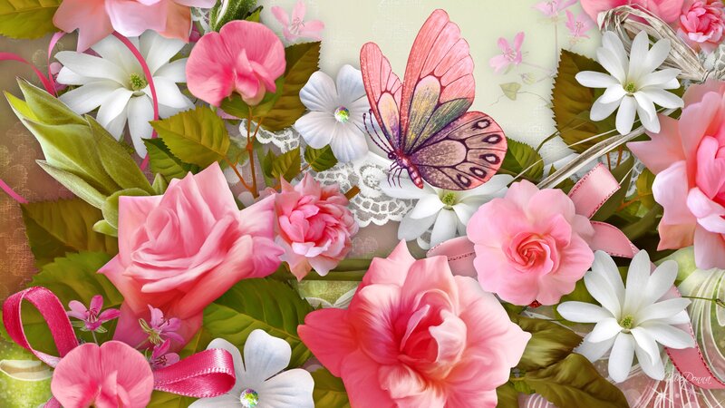 Butterfly on Pink Flowers — Serene, Spring, Digital Art