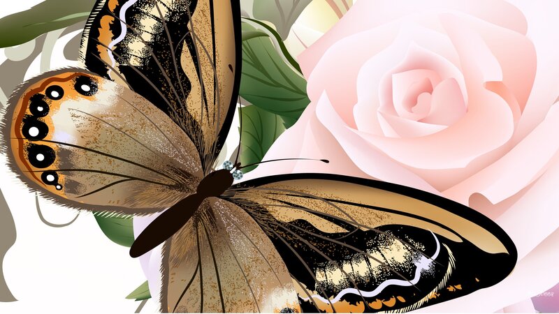Butterfly on Pink Rose — Serene, Digital Art