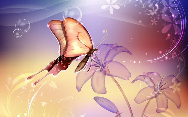 Butterfly on Purple Flower — Dreamy, Sunset, Digital Art