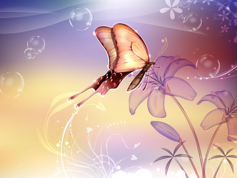 Butterfly on Purple Flower — Serene, Sunset, Digital Art, Bubbles