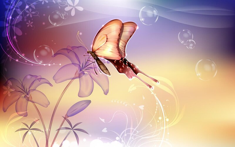 Butterfly on Purple Flower — Serene, Sunset, Digital Art