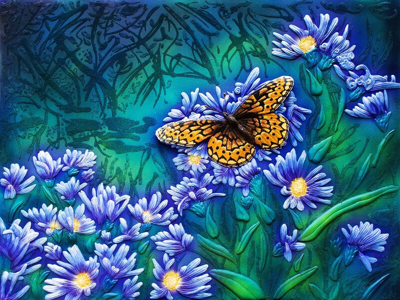Butterfly on Purple Flowers — Blue