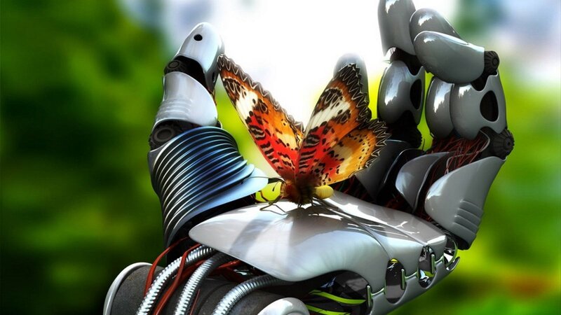 Butterfly on Robotic Hand — White