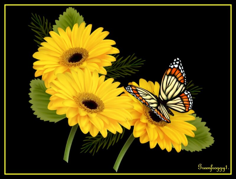 Butterfly on Yellow Flowers — Calm, Digital Art