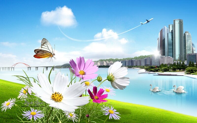 Butterfly over Flowers — Blue
