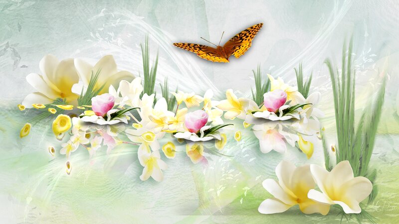 Butterfly over Flowers — Green