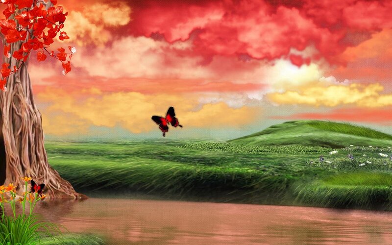 Butterfly over River — Red, Dramatic