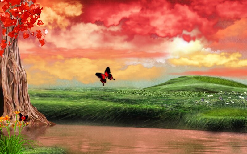 Butterfly over River — Red