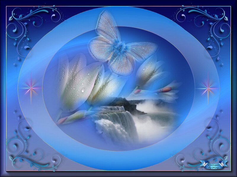 Butterfly over Waterfall — Blue, Serene