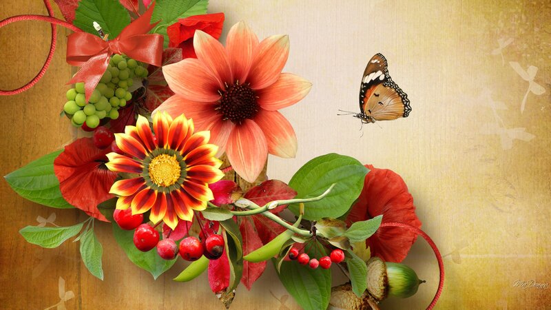 Butterfly with Flowers — Red