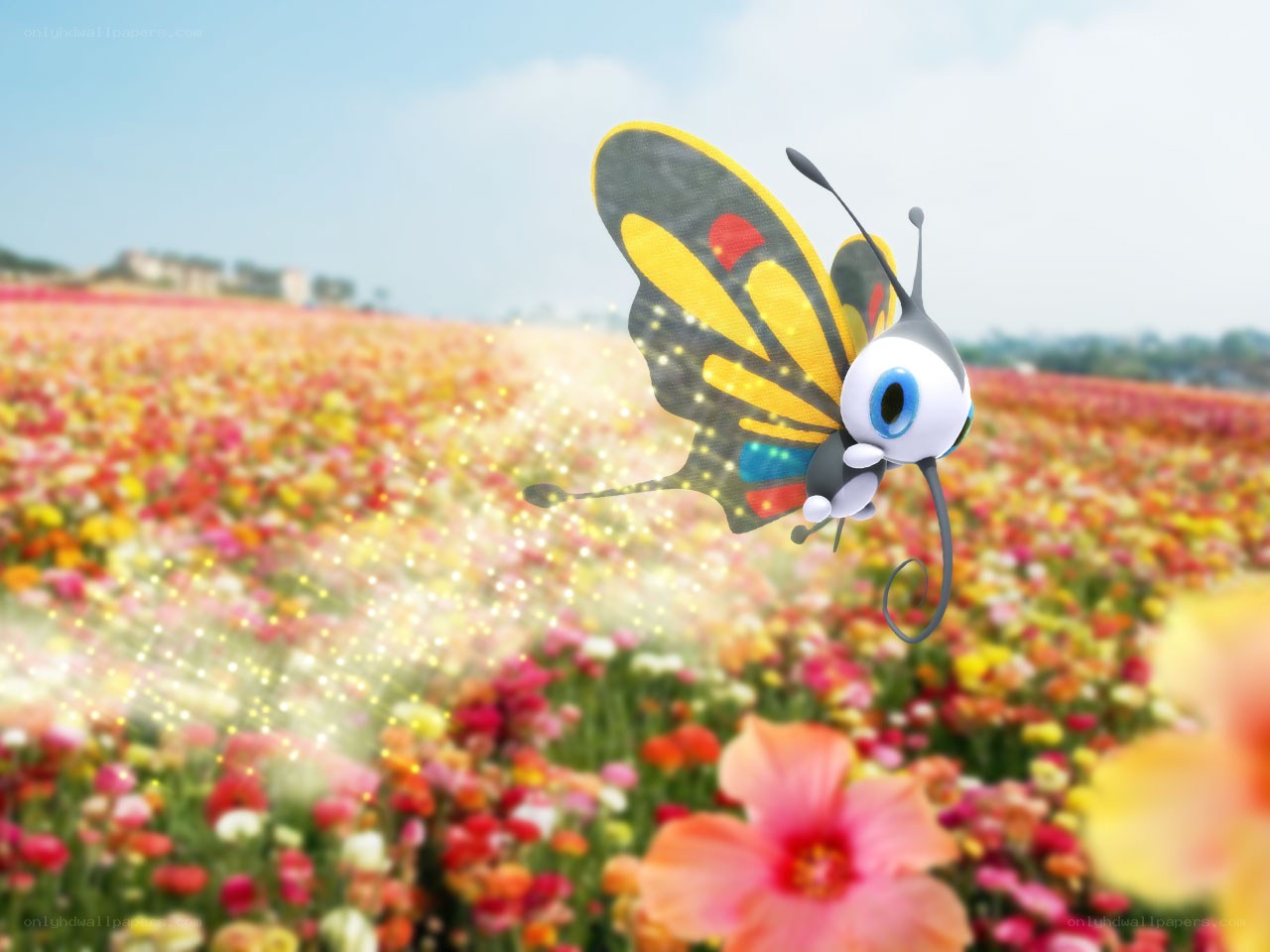 Butterfree flying over a flower field