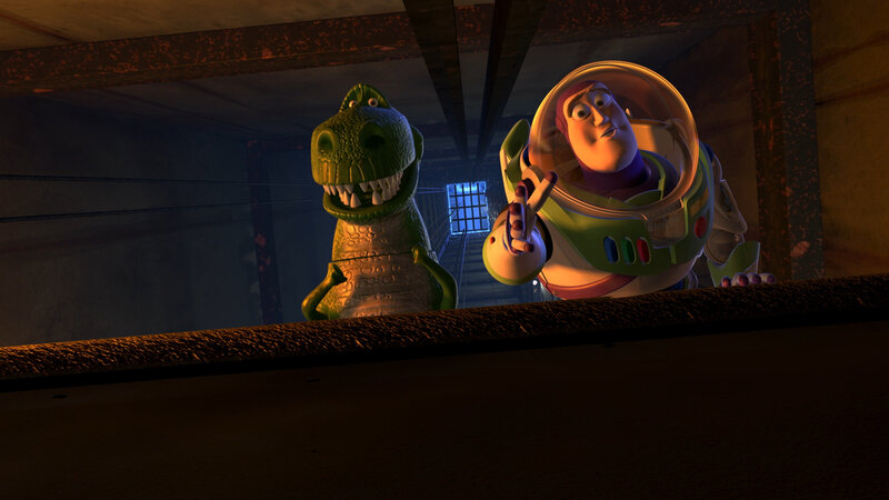 Buzz and Rex in a dark corridor