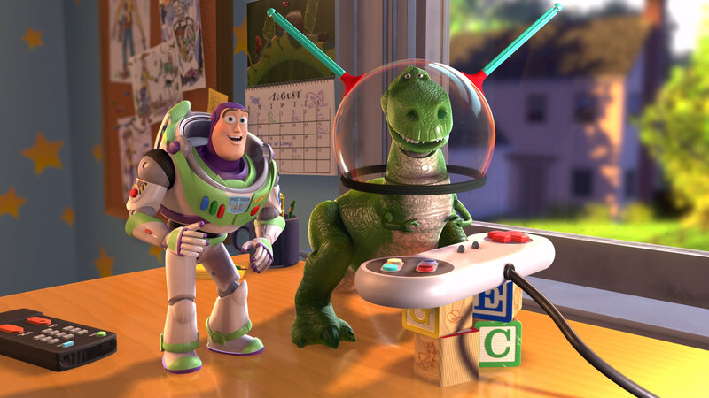 Buzz Lightyear and Rex playing video games