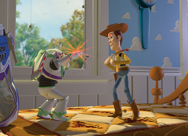 Buzz Lightyear and Woody in a child's room