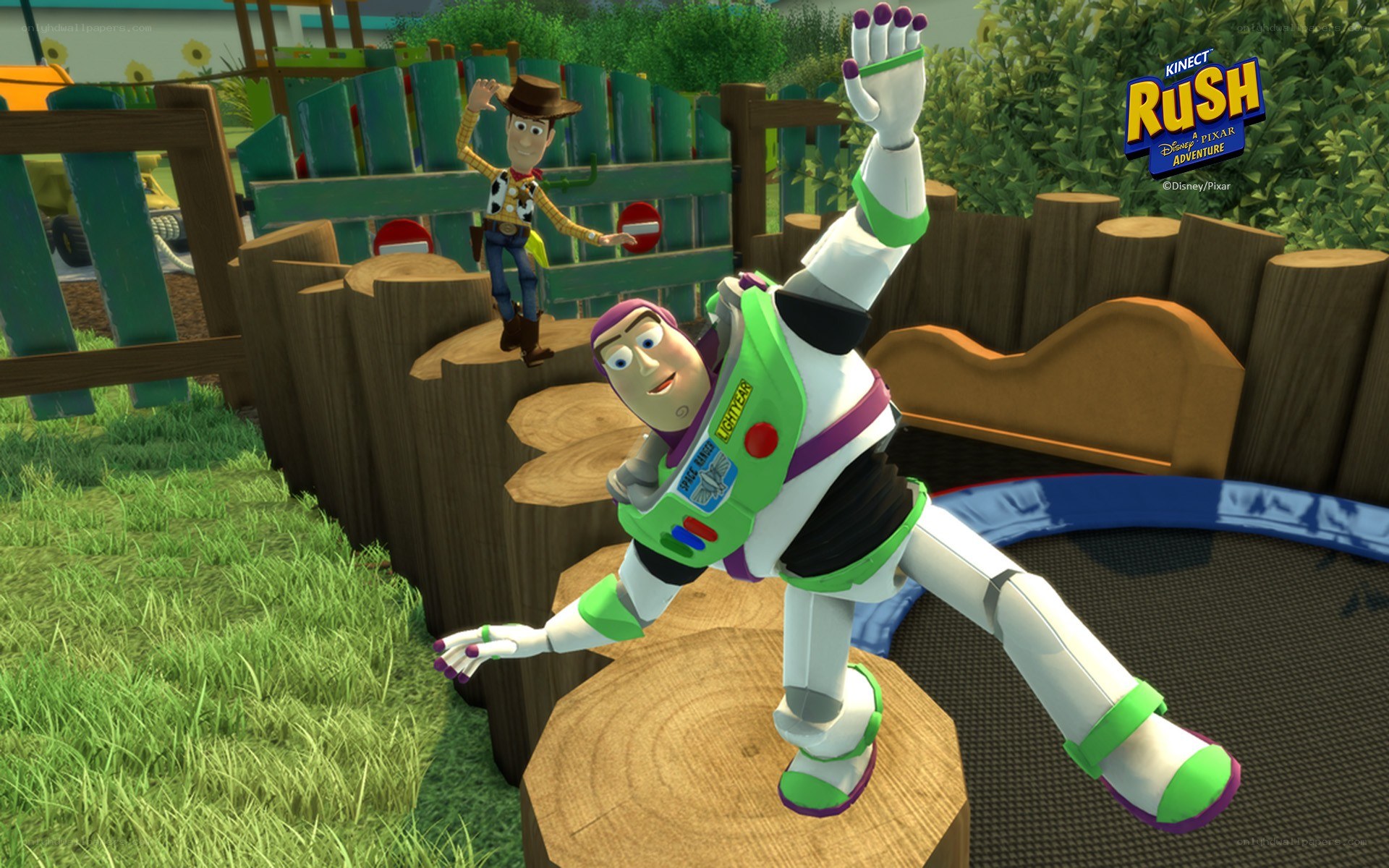 Buzz Lightyear and Woody in backyard