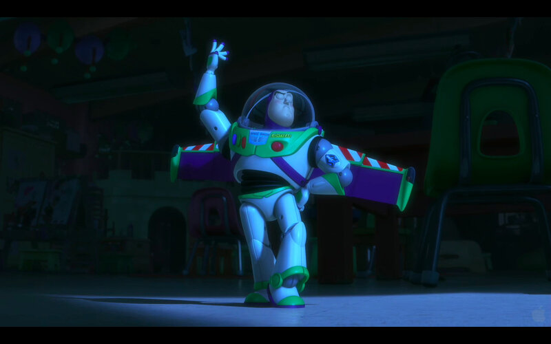 Buzz Lightyear in a dark room
