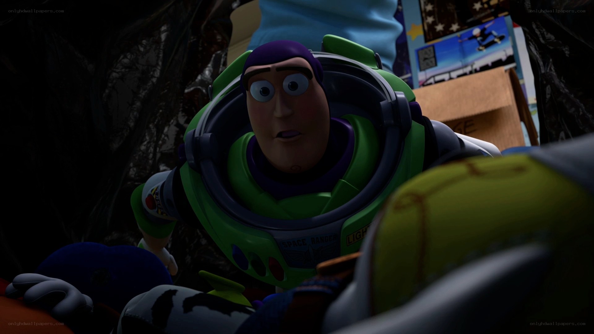 Buzz Lightyear in a dark space