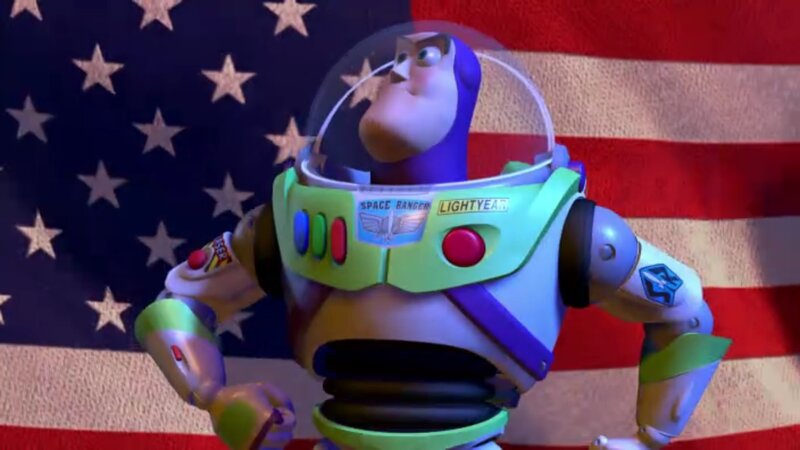 Buzz Lightyear in front of flag