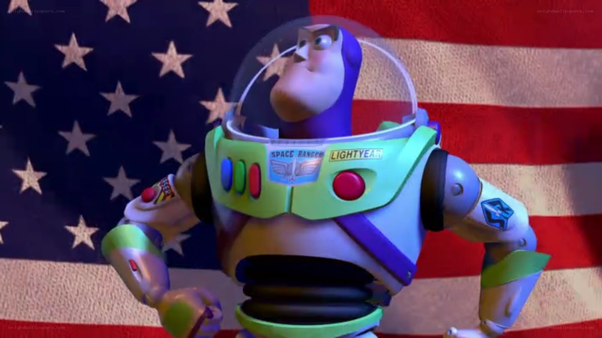 Buzz Lightyear in front of flag