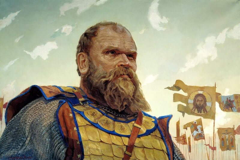 Byzantine general with religious banners